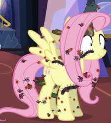 Size: 655x728 | Tagged: safe, screencap, fluttershy, bat, beetle, centipede, insect, millipede, pegasus, pony, rat, snake, spider, every little thing she does, g4, season 6, bug armor, creepy crawlies, cropped, fangs, female, fiducia compellia, hypnosis, hypnotized, mare, nightmare fuel, nope armor, smiling, solo, spread wings, wings, you know for kids