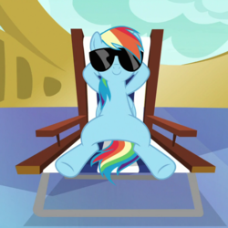 Size: 832x832 | Tagged: safe, screencap, rainbow dash, pony, every little thing she does, g4, chillaxing, featureless crotch, female, mare, reclining, solo, sunglasses