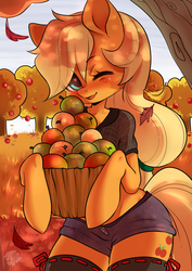 Size: 2893x4092 | Tagged: safe, artist:yukomaussi, applejack, earth pony, semi-anthro, g4, apple, apple tree, arm hooves, autumn, clothes, cute, eye clipping through hair, female, food, heart eyes, jackabetes, leaves, one eye closed, shirt, shorts, smiling, solo, sweet apple acres, tree, wingding eyes