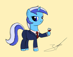 Size: 1927x1492 | Tagged: safe, artist:derpyjoel, minuette, pony, unicorn, g4, alcohol, business suit, classy, clothes, drink, eye contact, female, hoof hold, necktie, solo, tuxedo, wine