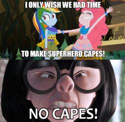 Size: 829x814 | Tagged: safe, edit, edited screencap, screencap, pinkie pie, rainbow dash, equestria girls, g4, my little pony equestria girls: legend of everfree, camp fashion show outfit, crossover, edna mode, lightly watermarked, meme, no capes, the incredibles, watermark