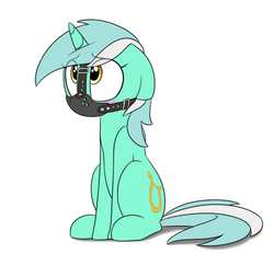 Size: 500x464 | Tagged: safe, artist:victoreach, lyra heartstrings, pony, unicorn, g4, blushing, bondage, female, floppy ears, gag, muzzle, muzzle gag, simple background, sitting, solo, white background