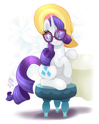 Size: 1600x2000 | Tagged: safe, artist:joakaha, rarity, every little thing she does, g4, female, glasses, hat, solo, stool