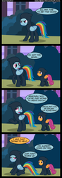 Size: 1067x3048 | Tagged: safe, artist:veggie55, rainbow dash, scootaloo, pegasus, pony, g4, read it and weep, 4 panel comic, clothes, comic, crying, cute, duo, duo female, female, filly, flash puppet, night, outdoors, sneaking suit, weapons-grade cute