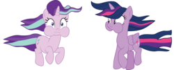 Size: 7486x3031 | Tagged: safe, artist:cloudy glow, starlight glimmer, twilight sparkle, alicorn, pony, unicorn, every little thing she does, g4, absurd resolution, duo, duo female, female, holding breath, mare, puffy cheeks, simple background, transparent background, twilight sparkle (alicorn), vector