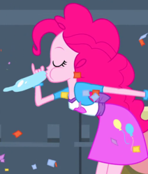 Size: 504x594 | Tagged: safe, screencap, pinkie pie, equestria girls, g4, balloon, blowing up balloons, bracelet, clothes, confetti, cropped, eyes closed, female, jewelry, out of context, skirt, solo