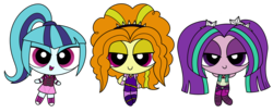 Size: 1500x616 | Tagged: safe, artist:syggie, adagio dazzle, aria blaze, sonata dusk, equestria girls, g4, checkered background, cute, female, lidded eyes, looking at you, powerpuffified, simple background, the dazzlings, the powerpuff girls, transparent background