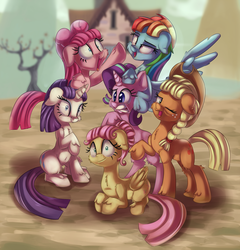 Size: 2000x2086 | Tagged: safe, artist:discorded, applejack, fluttershy, pinkie pie, rainbow dash, rarity, starlight glimmer, pony, every little thing she does, g4, alternate hairstyle, bad end, creepy smile, equality, fiducia compellia, group, high res, looking at you, mane six, mane six opening poses, mind control, sextet, smiling, this will end in communism
