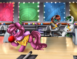 Size: 3519x2718 | Tagged: safe, artist:pridark, oc, oc only, earth pony, pony, bowling, bowling alley, bowling ball, clothes, commission, cup, drink, drinking, high res, sitting, straw, trio