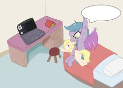 Size: 3105x2212 | Tagged: safe, artist:rusticanon, oc, oc only, oc:dizzy cream, bat pony, pony, bed, bedroom, computer, desk, discipline, high res, laptop computer, mother and daughter, over the knee, punishment, spanking, wingless