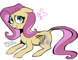 Size: 1300x1000 | Tagged: safe, artist:mushroomcookiebear, derpibooru exclusive, fluttershy, g4, female, flat colors, floppy ears, folded wings, heart, looking at you, prone, simple background, solo, transparent background