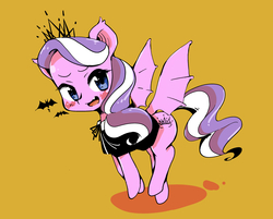 Size: 1683x1351 | Tagged: safe, artist:moka, diamond tiara, bat, bat pony, pony, g4, bat ponified, cape, clothes, explicit source, female, looking at you, open mouth, race swap, simple background, solo