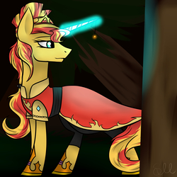 Size: 5669x5669 | Tagged: safe, artist:selcix, sunset shimmer, pony, unicorn, equestria girls, g4, my little pony equestria girls: legend of everfree, absurd resolution, clothes, crystal guardian, dress, female, magic, pants, signature, solo