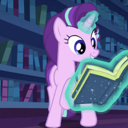 Size: 501x501 | Tagged: safe, screencap, starlight glimmer, pony, every little thing she does, g4, season 6, animated, book, cute, dancing, female, gif, glimmerbetes, happy, magic, open mouth, raised hoof, solo, telekinesis