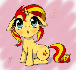 Size: 800x739 | Tagged: safe, artist:zetamad, sunset shimmer, pony, unicorn, g4, cute, female, filly, filly sunset shimmer, floppy ears, open mouth, question mark, shimmerbetes, solo, surprised