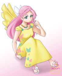 Size: 1538x1884 | Tagged: safe, artist:tears-of-xion, fluttershy, butterfly, human, g4, clothes, dress, feet, female, gala dress, humanized, looking at you, sandals, sitting, solo, winged humanization