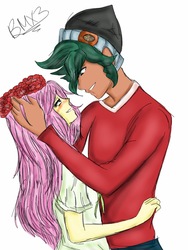 Size: 768x1024 | Tagged: safe, artist:brickercupmasterx3, fluttershy, timber spruce, equestria girls, g4, my little pony equestria girls: legend of everfree, blushing, embrace, flower, flower in hair, height difference, looking at each other, male, shipping, straight, timbershy, waifu thief, wreath, yaoi hands