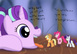 Size: 1144x800 | Tagged: safe, artist:mightyshockwave, applejack, fluttershy, pinkie pie, rainbow dash, rarity, starlight glimmer, earth pony, pony, unicorn, every little thing she does, g4, big pony, dialogue, feather, female, fetish, fiducia compellia, flutterprey, giant pony, giant starlight glimmer, giantess, imminent vore, implied fluttershy, implied rainbow dash, macro, macro/micro, mare, mind control, multiple prey, preydash, rariprey, text, vorelight glimmer
