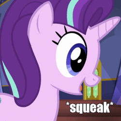Size: 507x508 | Tagged: safe, edit, edited screencap, screencap, starlight glimmer, pony, unicorn, every little thing she does, g4, animated, caption, cute, dilated pupils, female, gif, glimmerbetes, hatching an idea, invisible stallion, mare, open mouth, smiling, solo, squeak, text, wide eyes