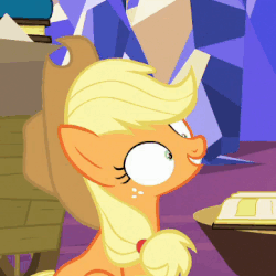 Size: 362x362 | Tagged: safe, screencap, applejack, earth pony, pony, every little thing she does, g4, season 6, animated, book, female, fiducia compellia, gif, hypnosis, hypnotized, sitting, solo