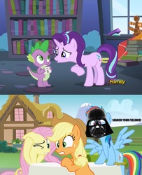 Size: 1500x1851 | Tagged: safe, edit, edited screencap, hundreds of users filter this tag, screencap, applejack, fluttershy, rainbow dash, spike, starlight glimmer, pony, unicorn, every little thing she does, g4, angry, card, darth vader, male, screencap comic, ship:sparlight, shipping, star wars, starlight's room, straight, yelling