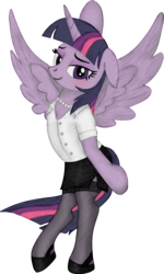 Size: 910x1521 | Tagged: safe, artist:horsesass, twilight sparkle, alicorn, pony, g4, clothes, female, jewelry, librarian, mare, necklace, pantyhose, shoes, side slit, simple background, skirt, socks, solo, stockings, thigh highs, transparent background, twilight sparkle (alicorn), wip