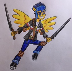 Size: 2253x2209 | Tagged: safe, artist:bozzerkazooers, flash sentry, equestria girls, g4, high res, male, ninja, ponied up, solo, sword, traditional art, weapon