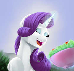 Size: 3300x3200 | Tagged: safe, artist:poecillia-gracilis19, rarity, g4, female, food, high res, laughing, salad, solo