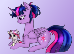 Size: 1649x1200 | Tagged: safe, artist:pigzfairy, twilight sparkle, oc, oc:star gazer, alicorn, pony, unicorn, g4, :p, alternate hairstyle, chest fluff, cute, duo, female, filly, fluffy, gradient background, hair bun, hug, lidded eyes, looking down, magical lesbian spawn, messy mane, offspring, parent:moondancer, parent:twilight sparkle, parents:twidancer, prone, sitting, smiling, tongue out, twilight sparkle (alicorn)