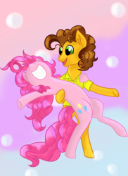 Size: 1200x1649 | Tagged: safe, artist:pigzfairy, cheese sandwich, pinkie pie, pony, g4, bipedal, dancing, duo, male, ship:cheesepie, shipping, straight