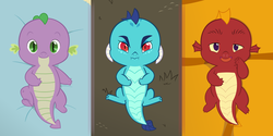 Size: 900x451 | Tagged: safe, artist:queencold, garble, princess ember, spike, oc, oc:caldera, dragon, g4, baby, baby dragon, baby spike, blanket, claw, collage, cute, emberbetes, gardorable, grumpy, happy, pelt, rug, spikabetes, tired, younger