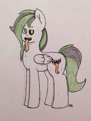 Size: 384x512 | Tagged: safe, artist:kryptorthekreator, oc, oc only, oc:ataxia izumishi, pegasus, pony, fangs, long tongue, sly, solo, tongue out, traditional art