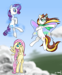 Size: 2352x2821 | Tagged: safe, artist:gigandjett, artist:zsparkonequus, fluttershy, rarity, oc, oc:aurora chiaro, earth pony, pegasus, pony, unicorn, g4, armpits, collaboration, day, earth pony oc, floppy ears, flying, glimmer wings, high res, levitation, magic, sky, telekinesis, wings