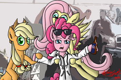 Size: 1701x1120 | Tagged: safe, artist:zsparkonequus, applejack, fluttershy, pinkie pie, g4, alcohol, beer, bottle, drunk, meme