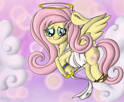 Size: 2151x1776 | Tagged: safe, artist:zsparkonequus, fluttershy, angel, g4, blushing, clothes, cute, female, fluttershy the angel, flying, heaven, looking down, shy, shyabetes, smiling, solo