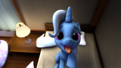 Size: 1280x720 | Tagged: safe, artist:doppelboner, trixie, pony, unicorn, g4, 3d, bed, bedroom, explicit source, female, looking at you, mare, open mouth, pet, raised hoof, solo, source filmmaker, tongue out