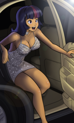 Size: 919x1519 | Tagged: safe, artist:megasweet, twilight sparkle, human, g4, breasts, busty twilight sparkle, car, choker, cleavage, clothes, dress, female, humanized, open mouth, open-back dress, sexy, smiling, solo, stupid sexy twilight