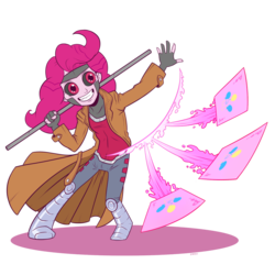 Size: 1280x1280 | Tagged: safe, artist:alonelyplacetodraw, artist:raph13th, pinkie pie, equestria girls, g4, my little pony equestria girls: legend of everfree, badass, black sclera, clothes, crossover, female, fingerless gloves, gambit, gloves, imminent explosion, red eyes, solo, x-men