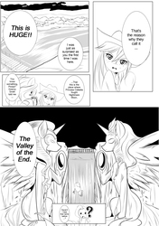 Size: 1555x2210 | Tagged: safe, artist:0ryomamikado0, applejack, pinkie pie, princess celestia, princess luna, twilight sparkle, comic:the unexpected love life of dusk shine, g4, blushing, camera, comic, crossover, dusk shine, monochrome, naruto, question mark, river, rule 63, statue, valley of the end, waterfall