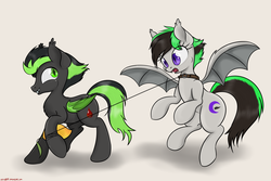 Size: 3000x2000 | Tagged: safe, artist:orang111, oc, oc only, oc:envy dio, oc:night wing, bat pony, pony, collar, food, high res, mango, requested art, wires