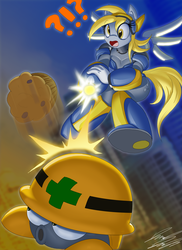 Size: 2400x3300 | Tagged: safe, artist:toughset, derpy hooves, anthro, g4, action pose, crossover, epic derpy, female, food, mega man (series), megamare, metool, muffin, solo, video game