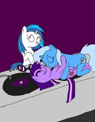 Size: 2528x3256 | Tagged: dead source, safe, artist:americananomaly, dj pon-3, trixie, twilight sparkle, vinyl scratch, pony, unicorn, g4, anatomically incorrect, cuddling, eyes closed, female, frown, incorrect leg anatomy, kiss on the lips, kissing, lesbian, looking away, mare, on back, ship:twixie, shipping, snuggling, trio, turntable, wide eyes
