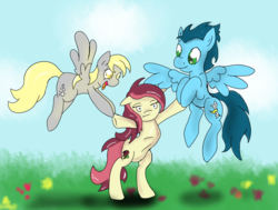 Size: 2102x1588 | Tagged: safe, artist:phillnana, derpy hooves, roseluck, soarin', earth pony, pegasus, pony, g4, bipedal, field, flying, smiling, trio, unamused