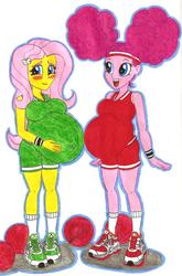 Size: 4315x6536 | Tagged: safe, artist:metaldudepl666, fluttershy, pinkie pie, buckball season, equestria girls, g4, absurd resolution, alternate hairstyle, ball, belly, big belly, blushing, breasts, buckball, buckball uniform, busty fluttershy, busty pinkie pie, clothes, crayon drawing, excited, female, fetish, large belly, looking at you, open mouth, pinktails pie, preggoshy, preggy pie, pregnant, pregnant equestria girls, shorts, shy, smiling, sneakers, sneakers fetish, socks, tank top
