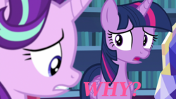 Size: 960x540 | Tagged: safe, edit, edited screencap, screencap, starlight glimmer, twilight sparkle, alicorn, pony, every little thing she does, g4, book, caption, library, text, twilight sparkle (alicorn), twilight's castle