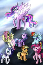 Size: 988x1499 | Tagged: safe, artist:not-ordinary-pony, applejack, fluttershy, pinkie pie, rainbow dash, rarity, starlight glimmer, twilight sparkle, alicorn, earth pony, pegasus, pony, unicorn, g4, ethereal mane, female, mane six, mare, older, rainbow power, twilight sparkle (alicorn), ultimate twilight