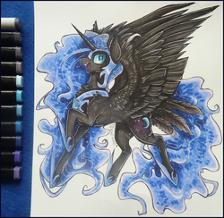 Size: 1441x1408 | Tagged: safe, artist:tay-niko-yanuciq, nightmare moon, g4, female, flying, open mouth, smiling, solo, traditional art