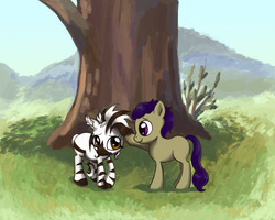 Size: 2953x2362 | Tagged: safe, artist:colourbee, oc, oc only, earth pony, pony, zebra, cute, female, filly, high res, shy, tail between legs, tree