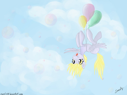 Size: 1600x1200 | Tagged: safe, artist:sweeterwho, derpy hooves, pony, g4, balloon, bubble, female, floating, silly, silly pony, solo, tongue out, upside down