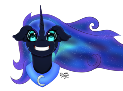 Size: 2640x1939 | Tagged: safe, artist:salamishowdown, nightmare moon, alicorn, pony, g4, armor, bust, crying, eye reflection, female, floppy ears, grin, horn, moon, portrait, simple background, smiling, solo, transparent background